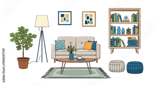 Modern interior design elements for a stylish comfortable living room setup including a beige sofa coffee table bookshelf floor lamp plant and poufs