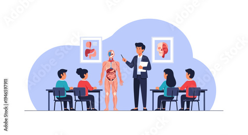 A teacher explains human anatomy to students in a classroom setting with anatomical diagrams displayed.