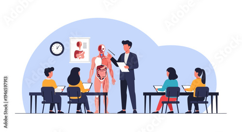Teacher Explaining Anatomy Model to Students in a Classroom Lesson