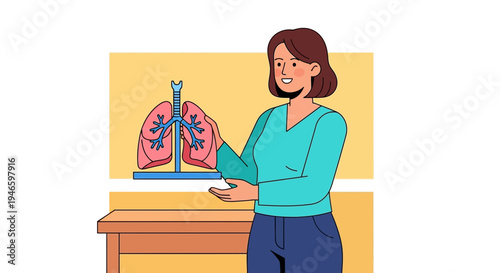 Woman presenting a human lung anatomy model for health education and medical demonstration