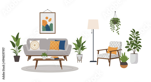 Modern living room interior with contemporary furniture plants and inviting atmosphere