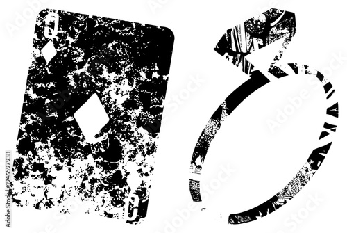 Distressed playing card queen of diamonds and diamond solitaire ring, vintage textured vector art, romantic symbolism, gambling, graphic design.