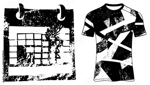 Vintage style calendar with torn edges and abstract t shirt design, both featuring gritty texture and bold black white contrast, ideal for retro fashion or print projects.