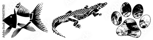Black and white vector art featuring fish, alligator, and paw print with halftone textures, graphic design elements, isolated cutout shapes, flat style illustrations.