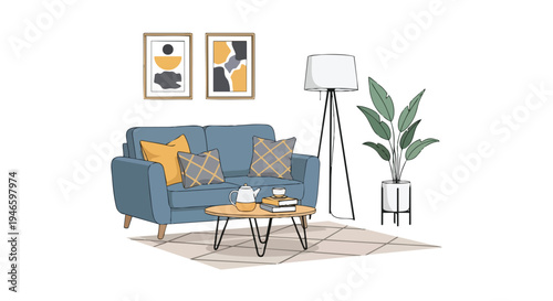 A charming hand-drawn illustration of a contemporary living room showcasing a comfortable blue sofa stylish decor elements a tall floor lamp and a