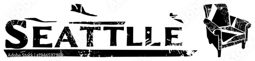 Distressed typography spelling “SEATTLE” with flying boot silhouette, paired with vintage armchair graphic, urban retro design, street art aesthetic.