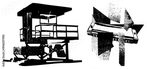 Black and white vector illustration featuring a lifeguard tower and harmonica with halftone texture, graphic design elements, isolated objects, artistic renderings.