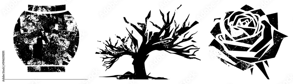 Obraz premium Stylized black and white rose, gnarled tree, and distressed vase graphic, textured vector art with gritty aesthetic, isolated design elements.
