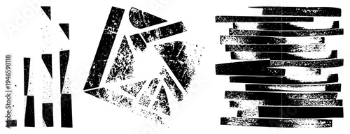 Fragmented abstract forms composed of textured black strokes and angular, minimalist graphic composition, halftone grain effect, vector art.