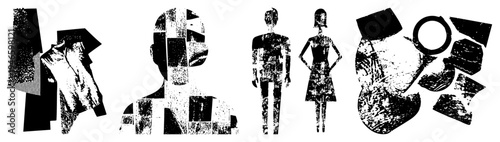 Geometric human forms broken into pixelated blocks, stylized human profiles, fragmented vector art, digital silhouette design, modern graphic representation.