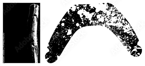 Traditional Australian boomerang with textured surface, wooden stick with natural grain, cultural artifact, indigenous tool, stylized vector graphic, black and white silhouette.