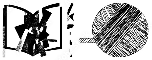 Open book with fragmented geometric shapes, yarn ball with texture, isolated vector art, creative design elements, black and white illustration.
