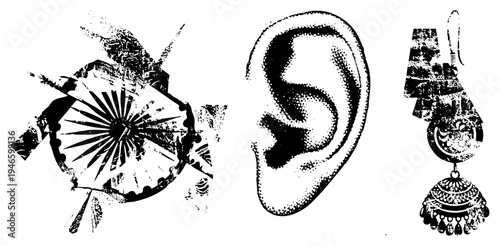Halftone illustrated ear, traditional jhumka earring, stylized gear wheel, vector art, black and white, graphic design, symbolic composition.