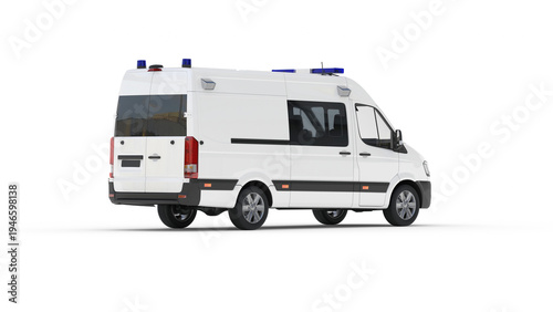 White Emergency Ambulance Van Mockup with Blue Sirens on White Background