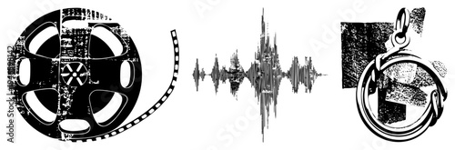 Film reel with grain texture, waveform, pocket watch pendant with loop, vector, stylized symbols.