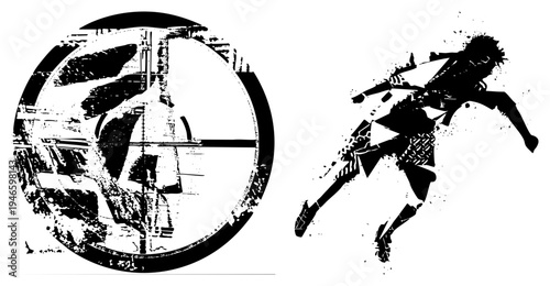 Stylized runner in motion, fragmented silhouette, abstract athletic form, graphic design, vector art, high contrast black white, motion capture, kinetic energy.