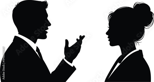 Side profile silhouettes of a man and woman standing back to back representing relationship conflict communication gap or gender identity