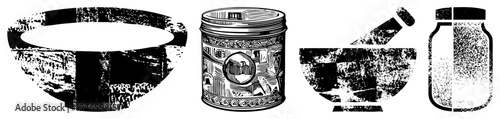 Handcrafted rustic ceramic bowl, ornate jar, traditional mortar with pestle, glass container with lid all with distressed texture, vector design.