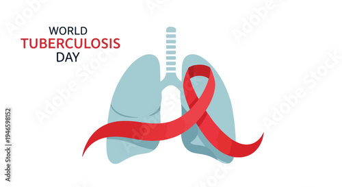 Illustration of lungs with red ribbon for World Tuberculosis Day on white background with text