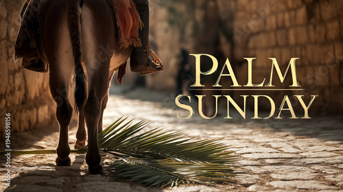 Wallpaper Mural A cinematic poster for the Christian holiday of Palm Sunday, featuring a close-up of a donkey and rider walking along an ancient cobbled street in Jerusalem, with the text "PALM SUNDAY" on the banner Torontodigital.ca