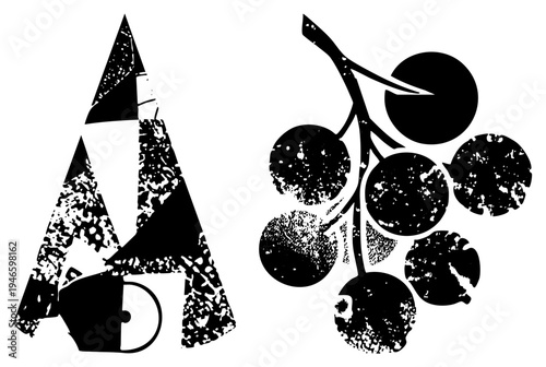 Abstract glyph design featuring letter A with coffee pot silhouette and grape cluster, distressed texture, vector art, graphic.