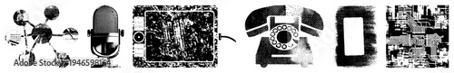Retro tech collection including vintage microphone, CRT monitor, rotary phone, smartphone, and circuit board, all in halftone vector style.
