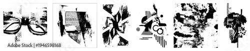 Black and white graphic art featuring fragmented forms, halftone textures, and sharp angles, ideal for modern design or layout.