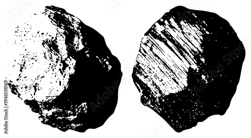 Graphic representations of irregularly shaped stones with rough, textured surfaces, rendered in high contrast black and white, resembling geological specimens or artistic abstract forms.