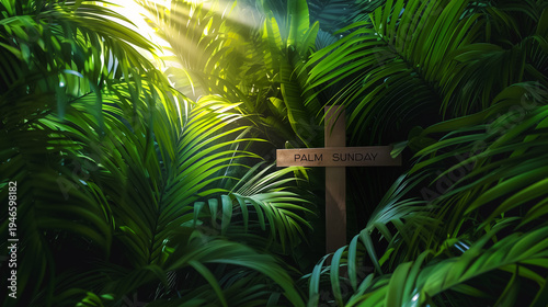 Wallpaper Mural Amidst dense green foliage, a wooden Christian cross with the text "PALM SUNDAY," rays of the rising sun shining through the foliage, a poster with copy space for text Torontodigital.ca