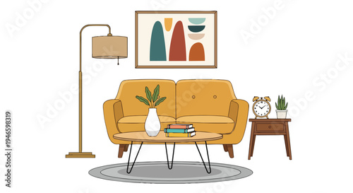 Vibrant Mid-Century Modern Inspired Living Area Illustration with Stylish Furniture and Decor Elements