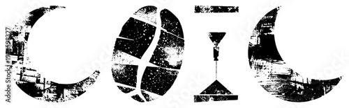 Abstract symbols with distressed textures moon, globe, hourglass, and in a gritty, artistic vector style. Ideal for graphic design, typography, or conceptual art.