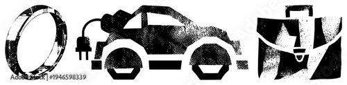 Vector halftone showing electric car, charging plug, wheel, and briefcase, minimalist design for eco business or tech concepts.