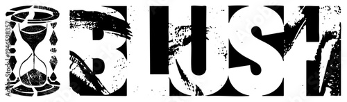 Stylized wordmark "HUSH" in distressed typography, accompanied by an hourglass, both rendered with gritty texture and stencil like wear, ideal for edgy branding or protest art.