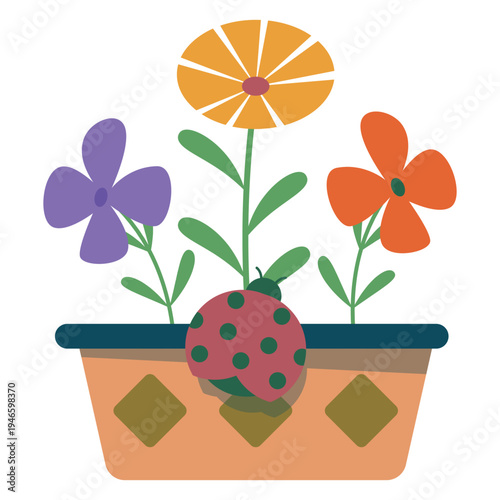 Colorful Flower Pot with Ladybug – Spring Garden Flat Vector