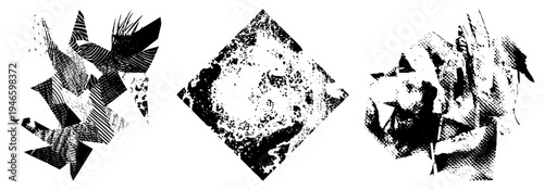 Fragmented polygonal shapes with textured halftone fills, graphic art composition, vector abstract design, stylized geometric forms, visual noise.