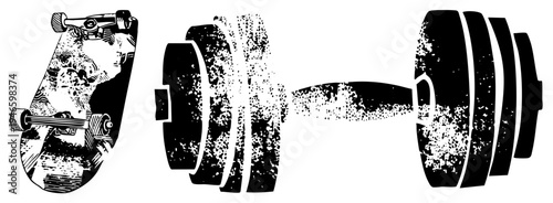 Skateboard with graphic deck and dumbbell with textured weight plates, vector art, fitness and street culture, isolated black and white illustration.
