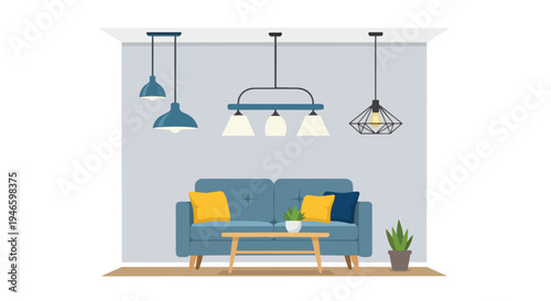 Stylish contemporary living room interior with a blue sofa and diverse decorative pendant lights