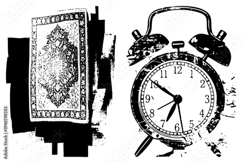 Classic bell alarm clock with analog dial, ornate rug with intricate, black and white halftone style, vintage aesthetic, isolated objects.