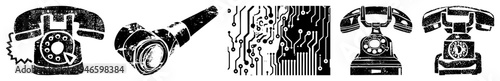 Retro rotary telephones with textured distress, circuit board, tech nostalgia, analog communication symbols, vector illustrations.