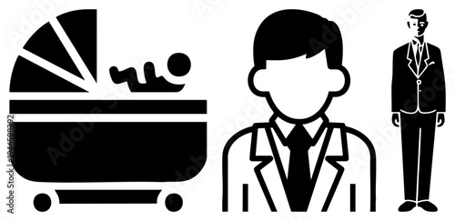 Vector of baby stroller, businessman silhouette, and formal suit figure, minimalist black style, professional and family themed symbols.