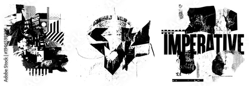 Fragmented letterforms with halftone textures, glitch art typography, graphic design elements, distressed fonts, vector logo concepts, stencil, retro digital decay.