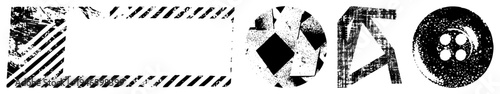 Abstract black and white vector shapes with grit, noise, and decay textures rectangle, circle, triangle, button ideal for design, UI elements, or retro aesthetics.
