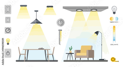 Comprehensive illustration of modern interior lighting solutions showcasing different fixture types and light temperature options