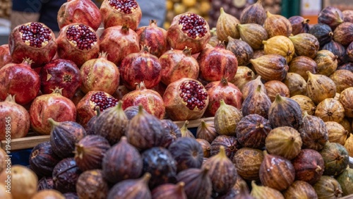 Close-up variety figs pomegranates market stall arranged rows columns overlapping each other have rich reddish-brown color slightl