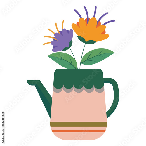 Blooming Flowers in Watering Can – Cute Spring Garden Illustration
