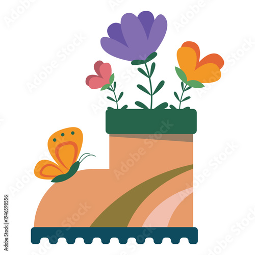 Flowers Growing in Garden Boots with Butterfly – Spring Gardening Vector