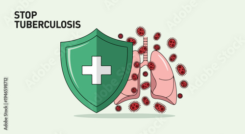 Green shield with white cross protects lungs from red tuberculosis bacteria on world tuberculosis day background