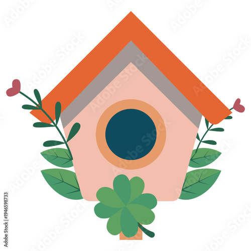 Cute Birdhouse with Leaves and Flowers – Spring Garden Illustration