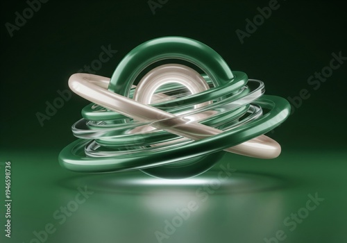 Intertwined Glossy Green and Gold Rings Abstract Sculpture