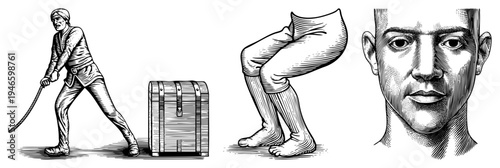 Pirate hauling wooden chest, treasure hunt scene, sailor with rope, classic adventure art, engraved style, black and white vector.